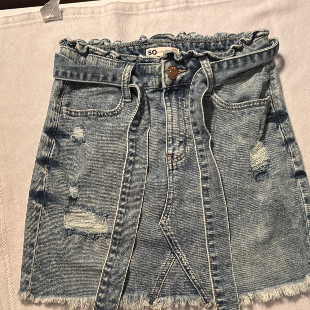 SO Light Blue Distressed Denim Paperbag Mini Skirt with Self-Tie